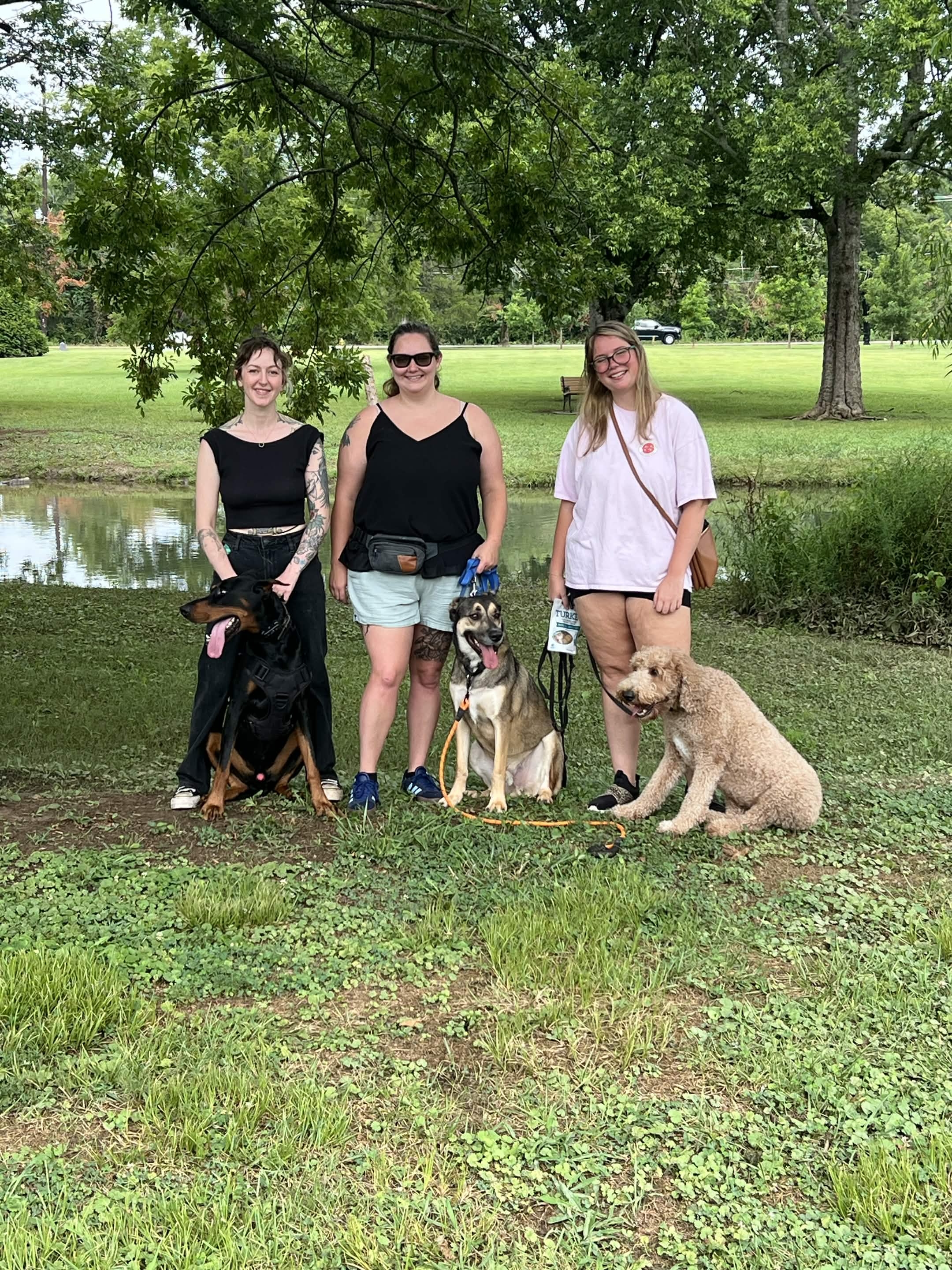 K9 Ambitions trainer with two clients and their three trained dogs in the park